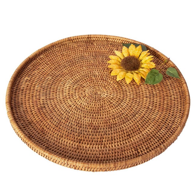 Wood Artifacts Rattan Round Flat Tray in Honey Brown - 14" For Sale - Image 7 of 8
