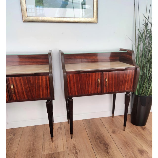1950s Mid Century Italian Art Deco Wood Brass and Glass Nightstands Bedside Tables, Set of 2 For Sale - Image 5 of 7