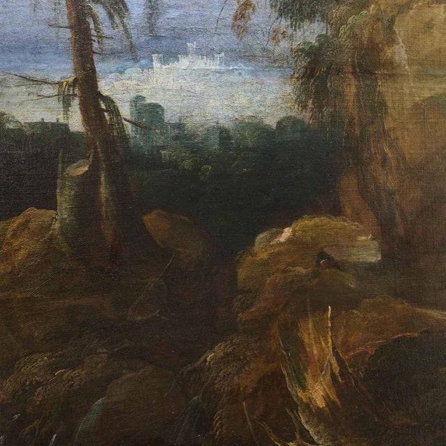 Large Animated Mountain Landscape with Early 18th-Century Architecture. This painting has a strong landscape impact and...
