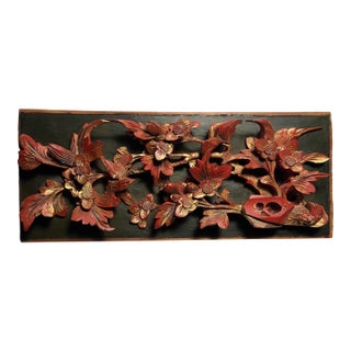 Antique Chinese Hand Carved Red Laquer & Gilt High Relief Wood Panel For Sale