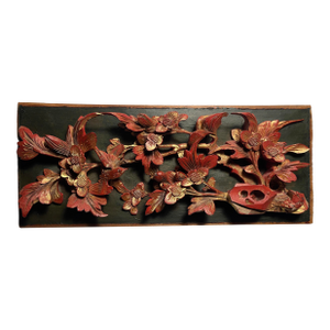 Antique Chinese Hand Carved Red Laquer & Gilt High Relief Wood Panel
