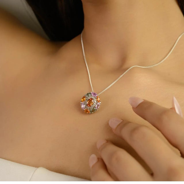 Orange Art Deco 4.65 CTW Multi Sapphire Cluster Silver Pendant With Diamond - Carat&her For Sale - Image 8 of 11