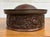 This is an antique embossed copper decorative vessel or warming pan component featuring richly detailed repoussé floral...