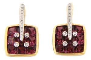 Bellarri Diamond Rhodolite Garnet 18k Yellow Gold Dangle Earrings, 2 Pieces