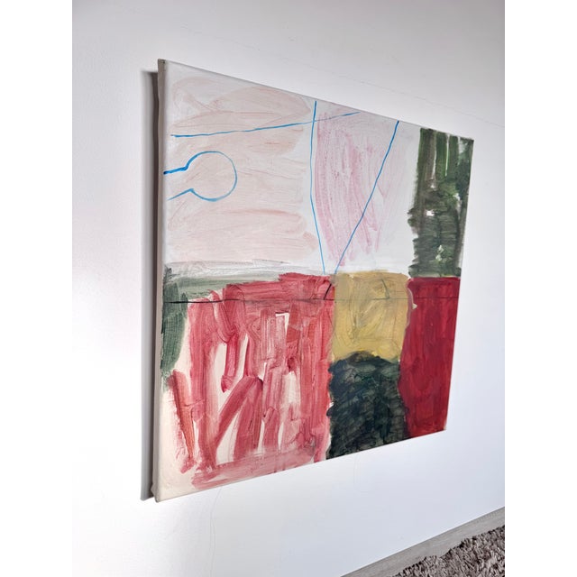 This is an original abstract acrylic painting on canvas. The artwork features a structured composition with layered color...