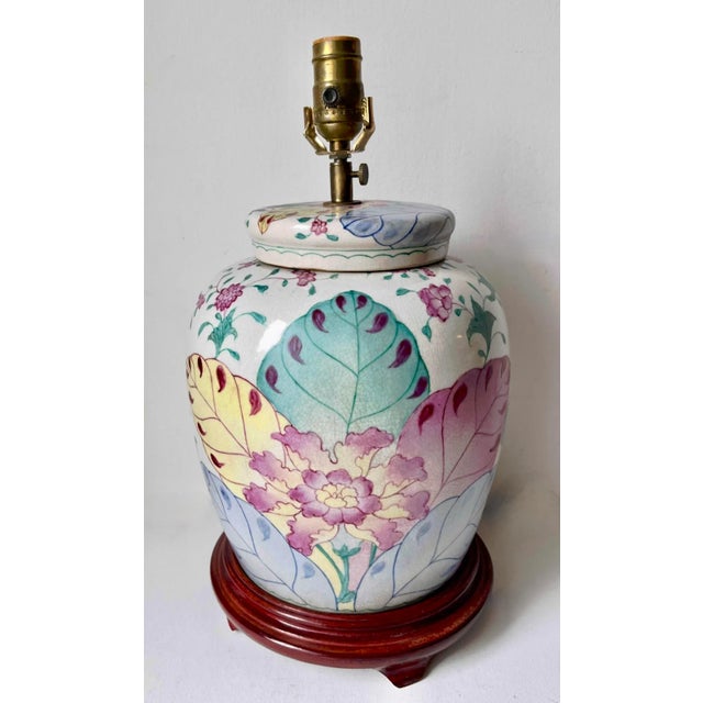 Aqua Classic 'Tobacco Leaf' Chinoiserie Lamp-Wood Pedestal Base For Sale - Image 8 of 8
