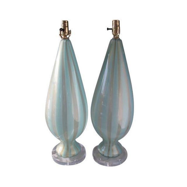 1950s Alfredo Barbini Turquoise Stripe Murano Glass Lamps - a Pair For Sale - Image 4 of 5