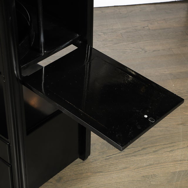 Art Deco Machine Age Bar Cabinet in Black Lacquer With Swivel and Drop Doors For Sale - Image 12 of 18