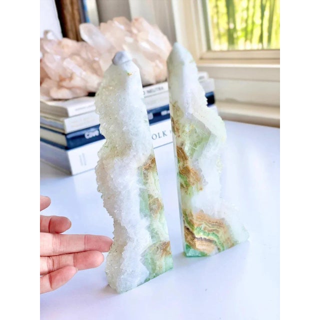 Contemporary Mint Fluorite Crystal Tower Slabs Bookends - a Pair Display Piece Collector Piece Statement Piece Natural Crystal Mineral For Sale - Image 3 of 8