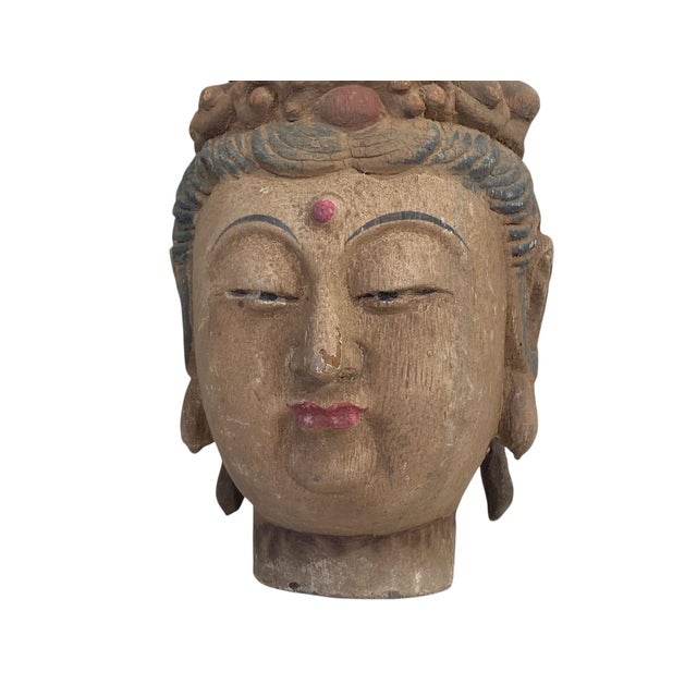 1980s Vintage Asian Carved Wood Guanyin Head 9" H For Sale - Image 5 of 7