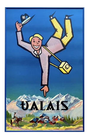 " Valais " Vintage 1950 Mid Century Modern Lithograph Print Framed Swiss Travel Poster