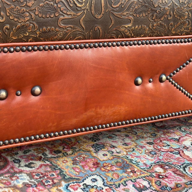 Old Hickory Tannery Tooled Leather & Brass Tack Cocktail Ottoman on Paw Feet From the Lucchese Home Collection For Sale - Image 4 of 12
