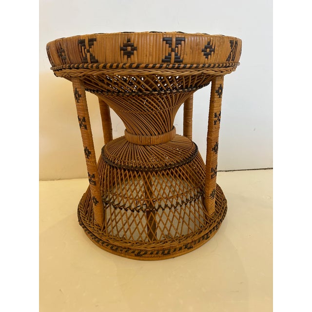 Rustic Vintage Woven Wicker Rattan Hourglass Emmanuelle Peacock Style Side Table Stool For Sale - Image 3 of 12