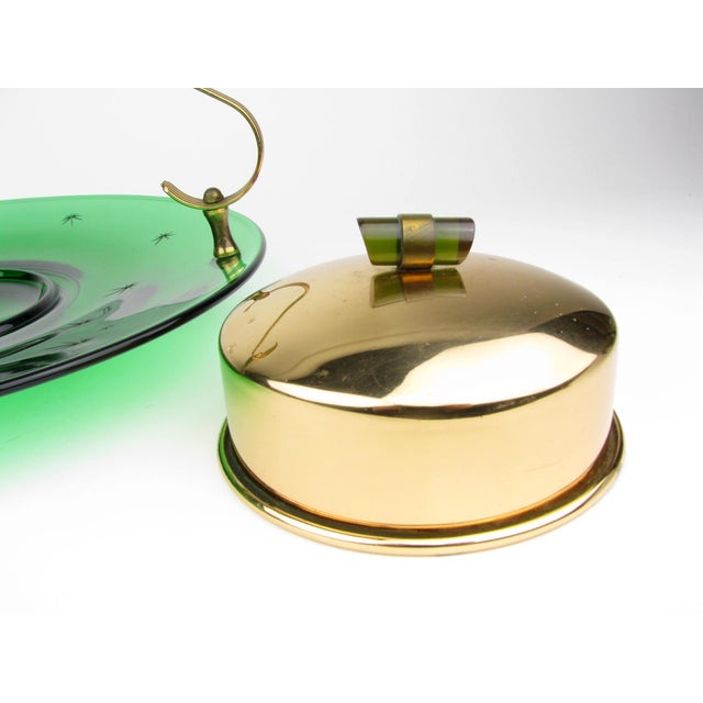 Emerald Vintage 1940s Paden City Emerald Glo Green Glass and Brass Tray or Serving Platter by National Silver Company For Sale - Image 8 of 12