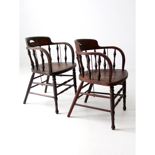 Wood Antique Captains Chair Pair For Sale - Image 7 of 12