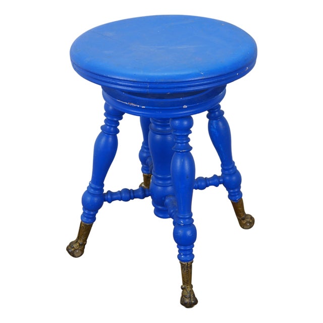 Antique Victorian H Holtzman & Sons Blue Piano Stool Glass Ball & Claw 19" For Sale