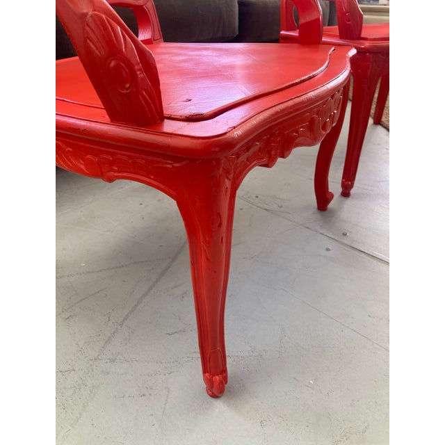 Wood 18th Century Louis XV Fauteuils in Hollywood Regency Coral- A Pair For Sale - Image 7 of 14