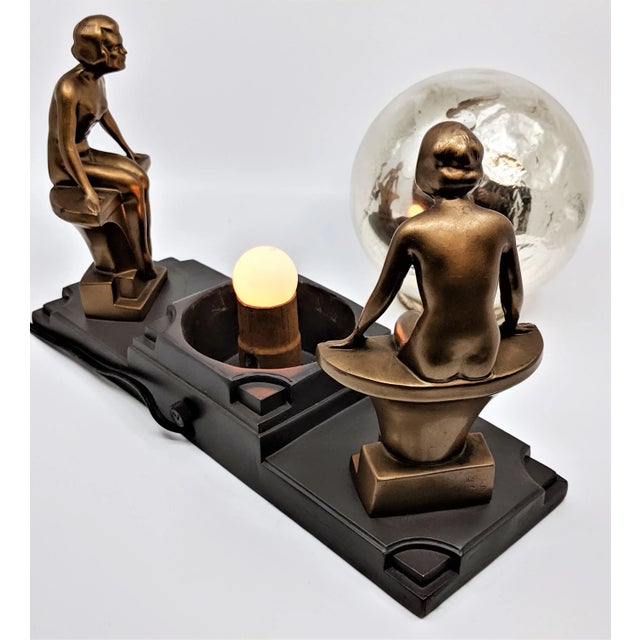 1930's Nuart Art Deco Double Nude & Glass Globe Table Lamp For Sale - Image 10 of 13