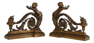 French Louis XV Style Antique Bronze Pair of Cherub Andirons