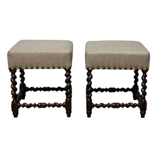Pair of 19th-Century English Barley Twist Hardwood Stools with Linen Upholstery For Sale