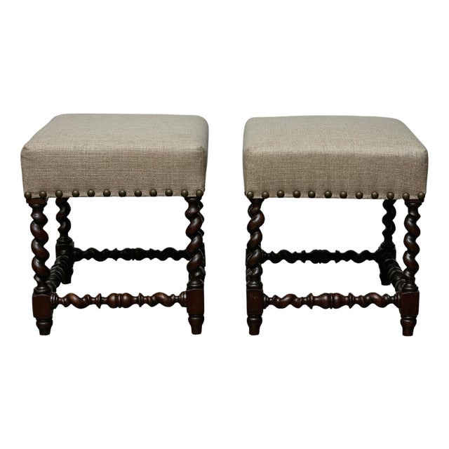 Pair of 19th-Century English Barley Twist Hardwood Stools with Linen Upholstery For Sale