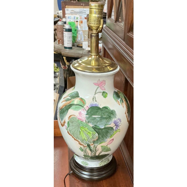 Chinese Mid-Century Chinese Export Ceramic Lotus & Floral Table Lamps - Pair For Sale - Image 3 of 10