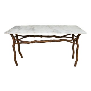 Vintage French Rustic Metal & Marble Faux Bois Branch Console Sofa Table For Sale