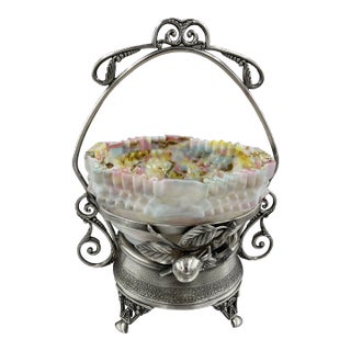 Late 19th C Silverplate Brides Basket With Ruffled Edge Confetti Bowl For Sale