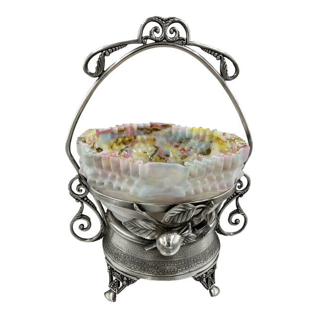Late 19th C Silverplate Brides Basket With Ruffled Edge Confetti Bowl For Sale