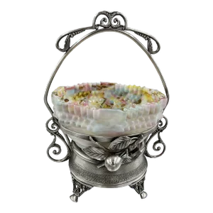 Late 19th C Silverplate Brides Basket With Ruffled Edge Confetti Bowl