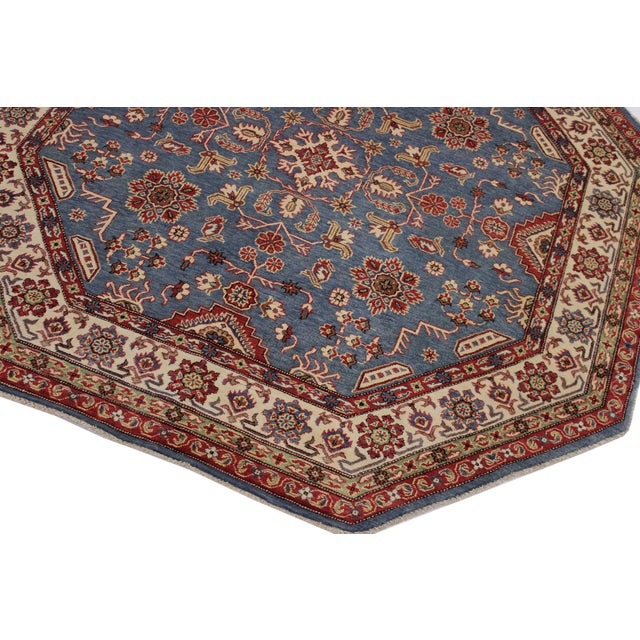 Shabby Chic Bohemian Kazak Blue/Ivory Wool Octagon Rug- 7'8'' X 7'9'' For Sale - Image 3 of 10