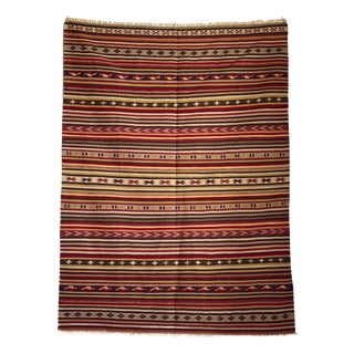 Large Indian Beige Rug with Red, Yellow and White Stripes and Geometric Borders, 1980s For Sale