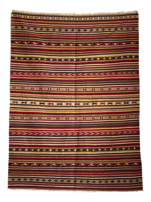Large Indian Beige Rug with Red, Yellow and White Stripes and Geometric Borders, 1980s