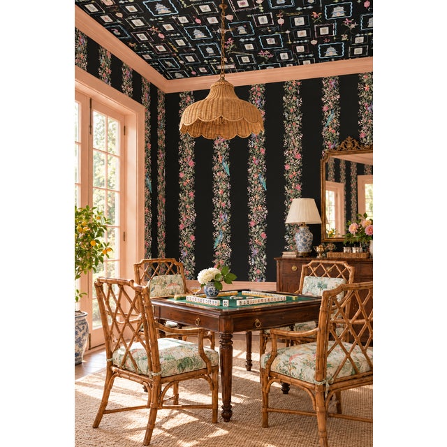 Not Yet Made - Made To Order Mahjong Floral Stripe Grasscloth Wallpaper by House Party | Blank Black | 8 Yards For Sale - Image 5 of 11