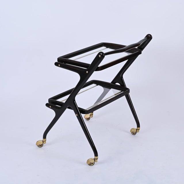 Mid-Century Italian Trolley Bar Cart in Wood and Glass attributed to Cesare Lacca, 1950s For Sale - Image 15 of 16