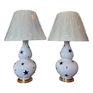 Pair of Aurora Double Gourd Spitzmiller Lamp/ Blanc With Blue Stars For Sale