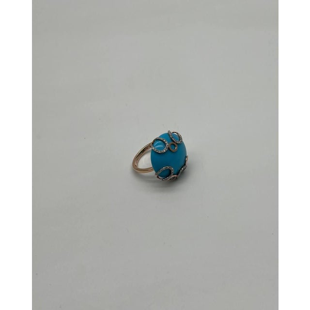 Round Blue Teal Turquoise Diamond Swirl Scroll 14k Yellow Gold Cocktail Ring, Size 3 For Sale - Image 10 of 14