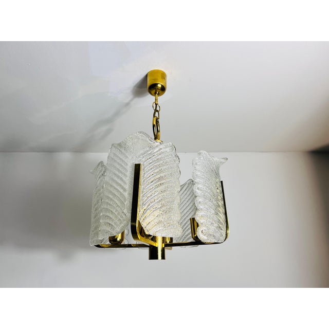 Mid 20th Century Large Rare Midcentury 4-Arm Brass and Ice Glass Chandelier, 1960s For Sale - Image 5 of 11