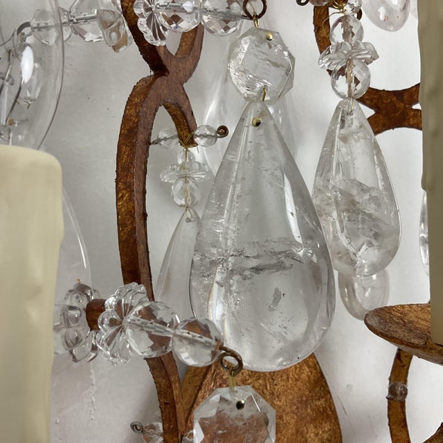 1950s French Country Large Rock Crystal and Goldleaf Wall Sconces - Pair For Sale - Image 15 of 16