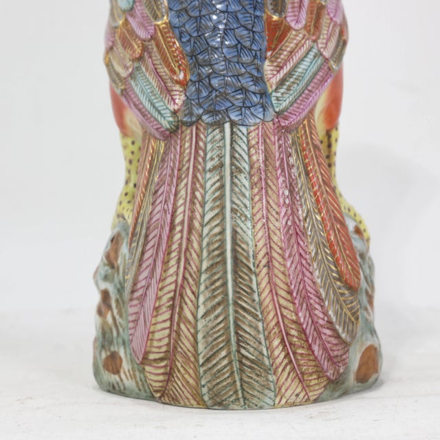 Ceramic Vintage Colorful Chinese Porcelain Bird Figures Statues on Rocky Base For Sale - Image 7 of 9