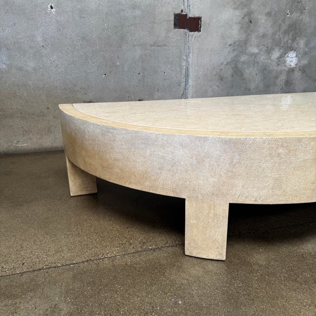 1980s Vintage Post Modern Half Moon Beige Wood & Travertine Coffee Table For Sale - Image 5 of 12