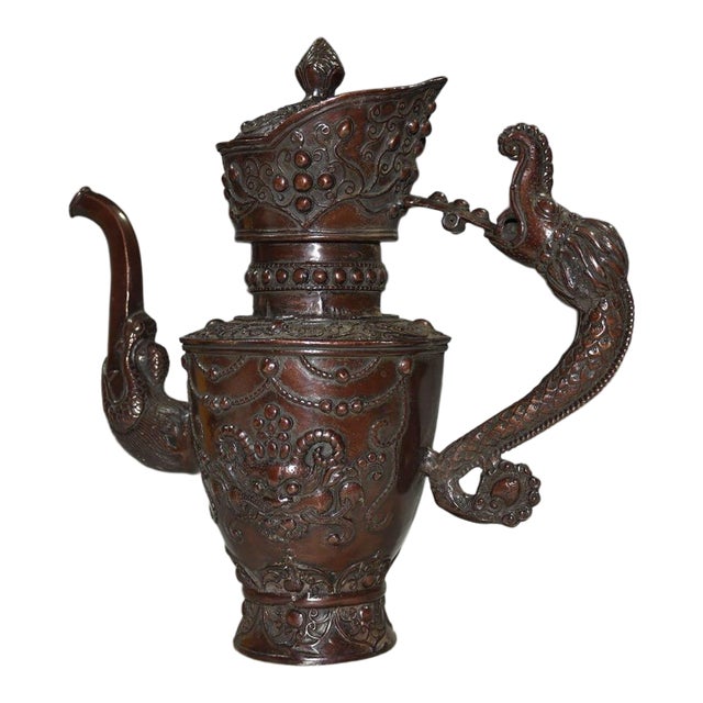 Copper Wine Vessel With Dragon Handle & Beast Motifs For Sale