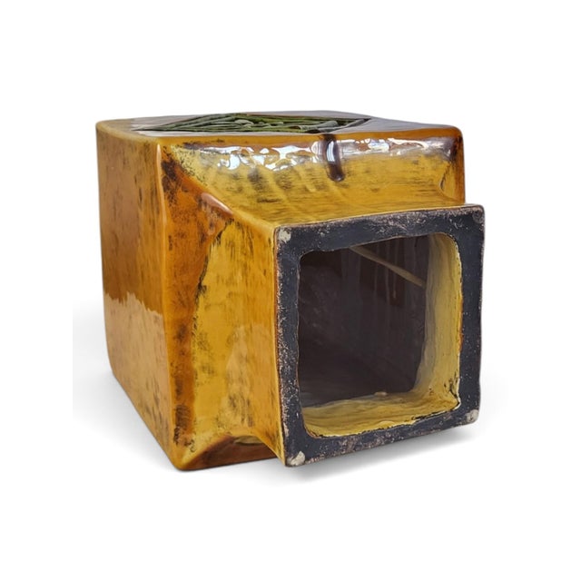 Mustard Yellow Glazed Ceramic Lamp with Floral Diamond Pattern, Vallauris, France, 1960s For Sale - Image 9 of 13