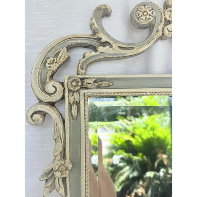 Stunning Vintage Swedish Gustavian Louis XVI Style Pale Blue and Parcel Gilt Wall Mirror - Newly Painted For Sale In Mobile - Image 6 of 12