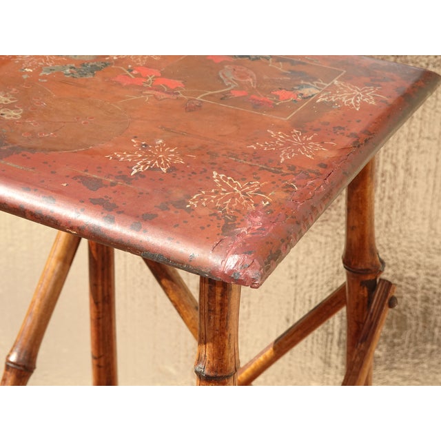 Vintage Chinese Asian Bamboo Side Table Plant Stand Red Chinoiserie Top For Sale In Los Angeles - Image 6 of 15