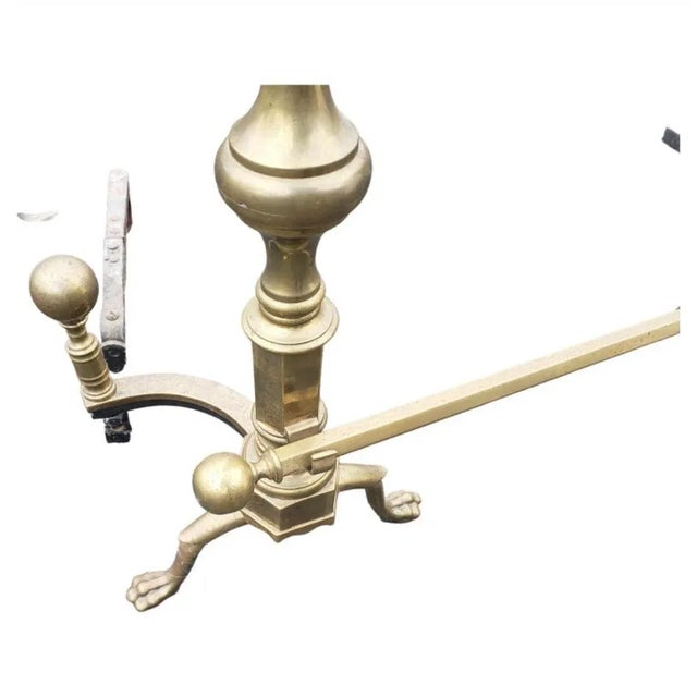 Vintage Solid Brass Andirons With Eagle Claw Feet and Roll Bar, Circa 1920s For Sale - Image 4 of 8