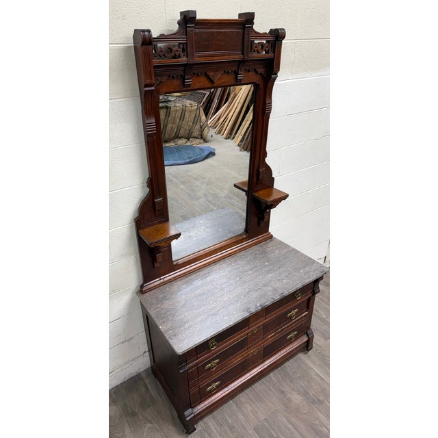 Victorian Antique Late 1800s Victorian Eastlake Marble Top Dresser Chest Dressing Stand For Sale - Image 3 of 18