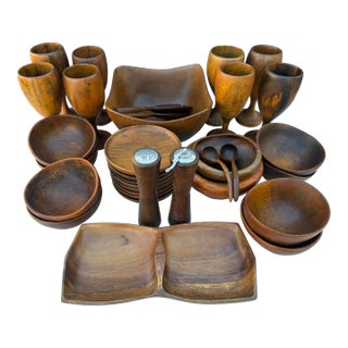Vintage 1970s David Auld Handcrafted Haitian Exotic Wood Dinnerware - Set of 34 For Sale