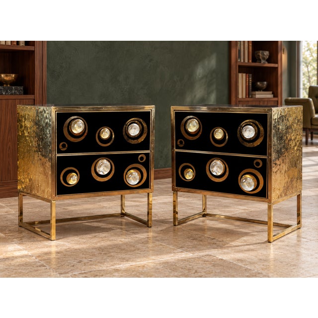 Italian Black Murano Glass and Brass Two-Drawer Nightstands from Justfurnituress SRL, Set of 2 For Sale - Image 6 of 9