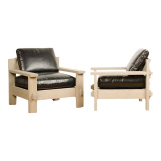 Vintage French Mid-Century Large Club Chairs in Solid Oak with Original Leather Cushions - a Pair For Sale